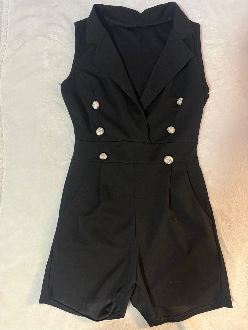 Sleeveless Black Double-Breasted Romper with Jewel Buttons